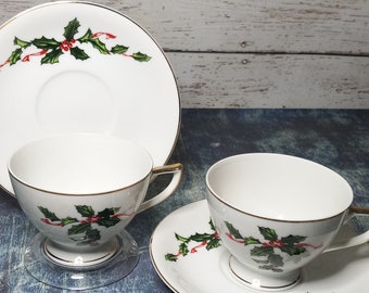Set of 2 Lefton Christmas teacup and saucer sets-holly and berries number 03028-collectible dinnerware-cardinal and holly