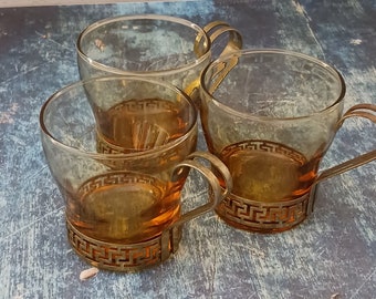 Libbey Continental coffee cups with brass holders-amber glass cups-mcm coffee serving