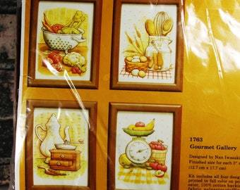 Creative Circle crewel kit-1982 mid century crafting-Gourmet Gallery 1763-set of 4 kitchen themed crewel projects