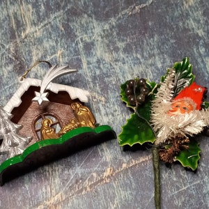 Pair of vintage mini Christmas decorations-Santa package pick/corsage and tiny plastic German nativity tree ornament