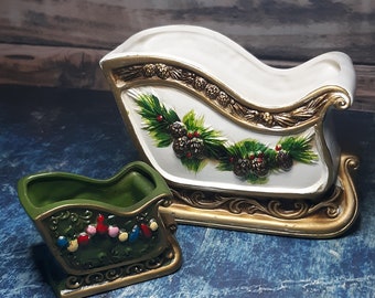 Napcoware Christmas sleigh planter with matching candleholder-numbered-mid century holidays
