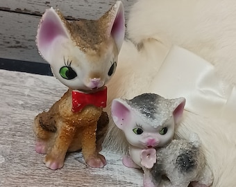 Pair of Sugar Kitties-cat figurines with sugar glaze-marked Japan on bottom of each kitten-red bowtie