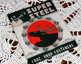 Prym's Super Steel snap fasteners-one dozen vintage snaps on original sales card-orange and gray deer graphic