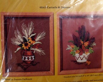Retro crewel kit-Cattails and Daisies 0541-Creative Circle-1984 vintage craft kit-unopened NOS