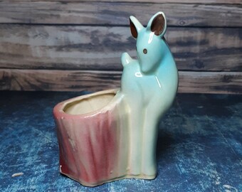 USA pottery vintage deer planter-blue deer-art deco- USA 535-pink and blue