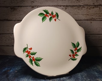 Harmony House vintage Christmas cake plate-double handled-Salem China Co U 51-holly and berry design