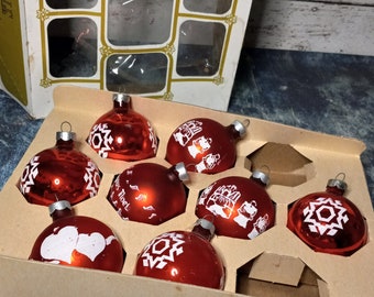 Vintage Noelle mercury glass Christmas ornaments-glass balls-8 red ornaments with white designs-original box