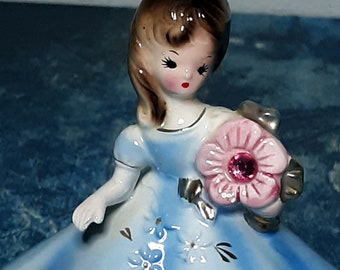 Josef Originals figurine-girl in blue dress-pink flower-pink rhinestone-vintage collectible