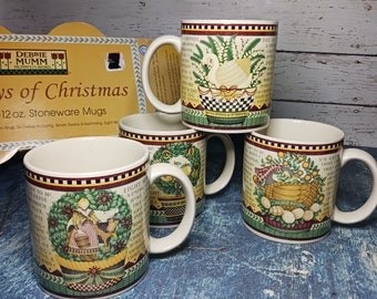 Debbie Mumm Christmas mugs-set of 4 in box-Twelve Days of Christmas-days 5 6 7 and 8-Sakura