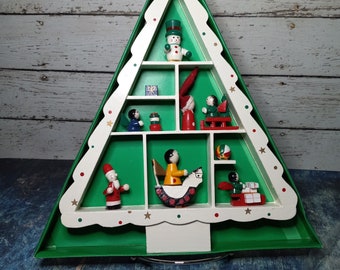 Lillian Vernon-Wood Christmas tree hanging shelf with wood ornaments-Santa-snowman-angel-gingerbread tree