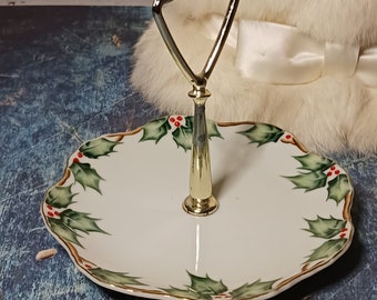 Lefton china tidbit tray with brasstone handle-round Christmas tray-vintage porcelain with hand painted holly and berries-numbered NE2094