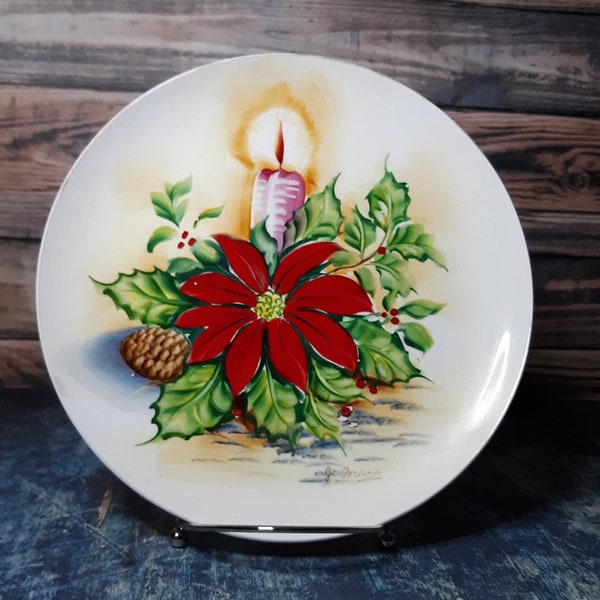 Ucagco Christmas plate-lit candle with poinsettia-signed J Macy