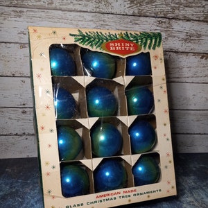 Shiny Brite hombre mercury glass Christmas  balls-original box-blue green-set of 12 ornaments