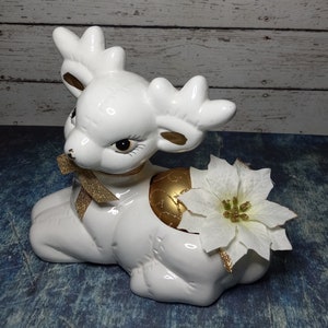 Mid century ceramic reindeer planter-white with gold accents-big eyes-gold bow-DAMAGED but displayable