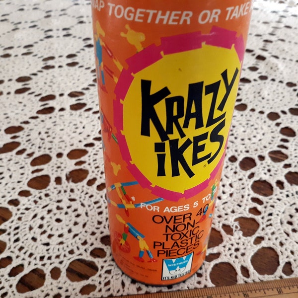 Vintage Krazy Ikes container-Whitman toys-contains some Krazy Ike pieces and some Tinkertoys