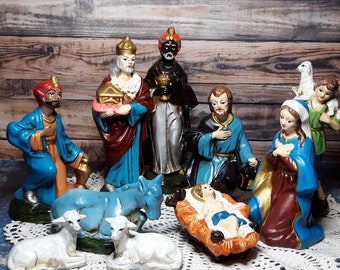 Large vintage chalkware-plaster-nativity figurines-wise men-christmas display- 10 pieces