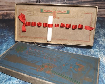 Very old New Year's cardboard cigarette box-Egyptian tobacciana-Buzza-red ribbons-original gift box