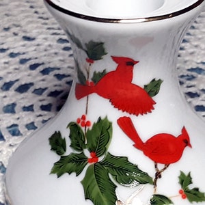 Lefton cardinal and holly Christmas candleholder-holiday taper holder-vintage porcelain-signed 04533