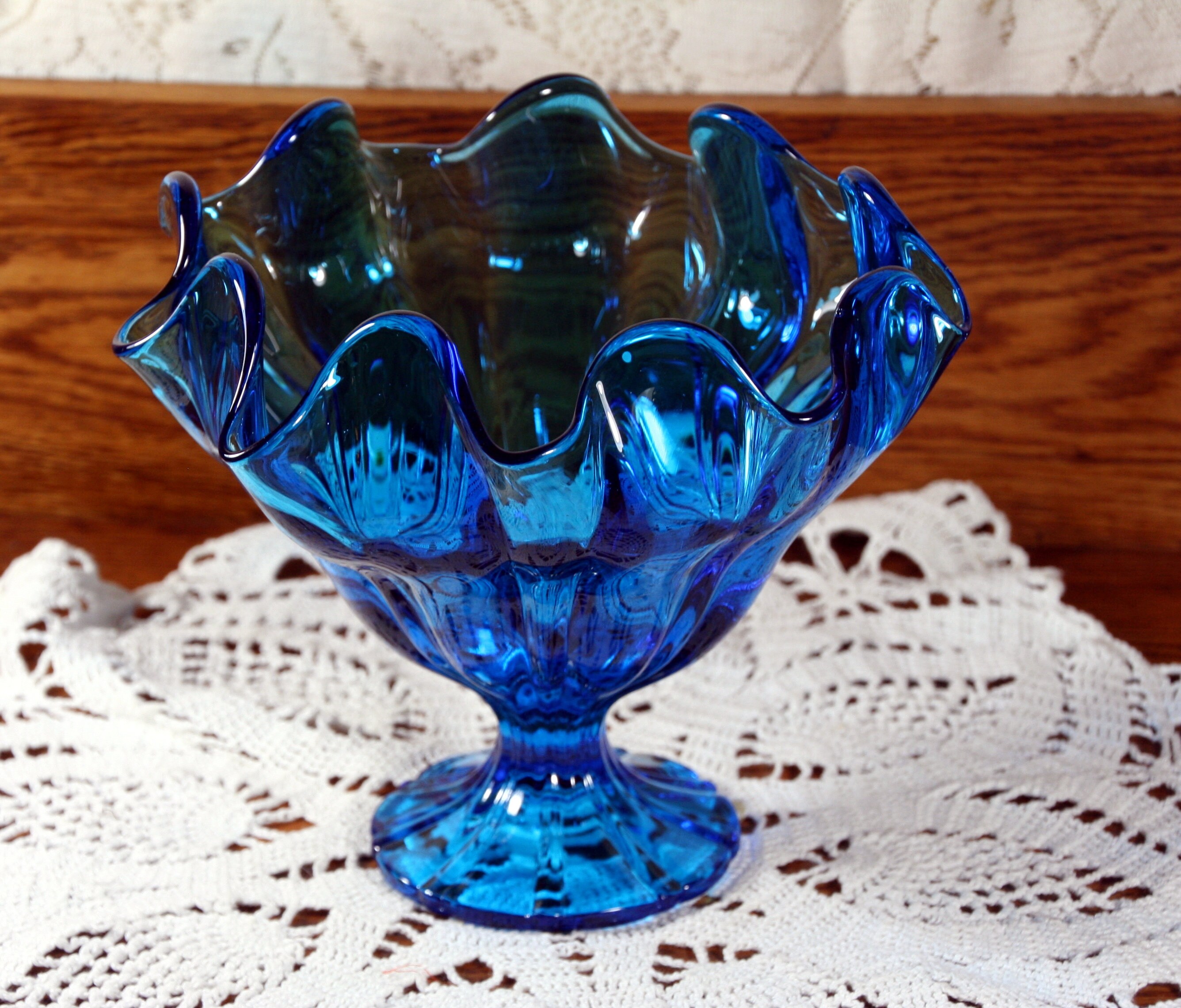 Peacock blue vintage folded glass pedestal bowl-handkerchief bowl-stunning light reflector