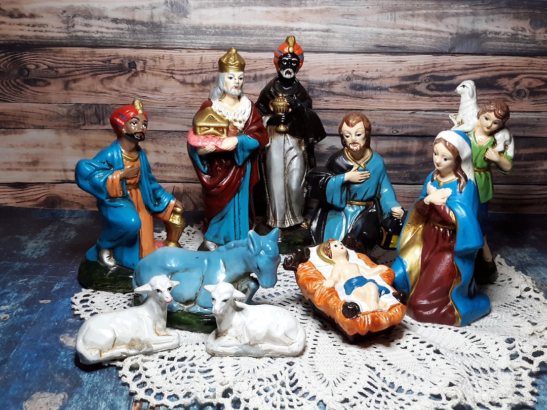 【ヴィンテージ】hand paintのクリスマス nativityフィギュア Hand-painted 15-Piece Nativity Figurines Scene by Faithful