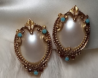 Vintage clip on earrings-mid century oval earrings with pearlescent cabochons and turquoise and red small stones-goldtone settings