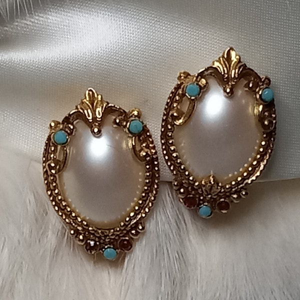 Vintage clip on earrings-mid century oval earrings with pearlescent cabochons and turquoise and red small stones-goldtone settings