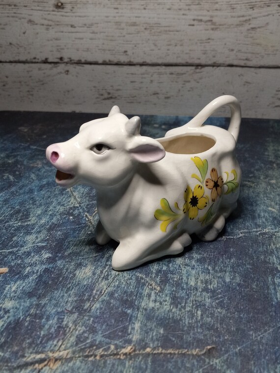 Original Lenwile Ardalt Japan ceramic cow creamer-flowery white cow pitcher-vintage farmhouse kitchen-yellow daisies Il_570xn