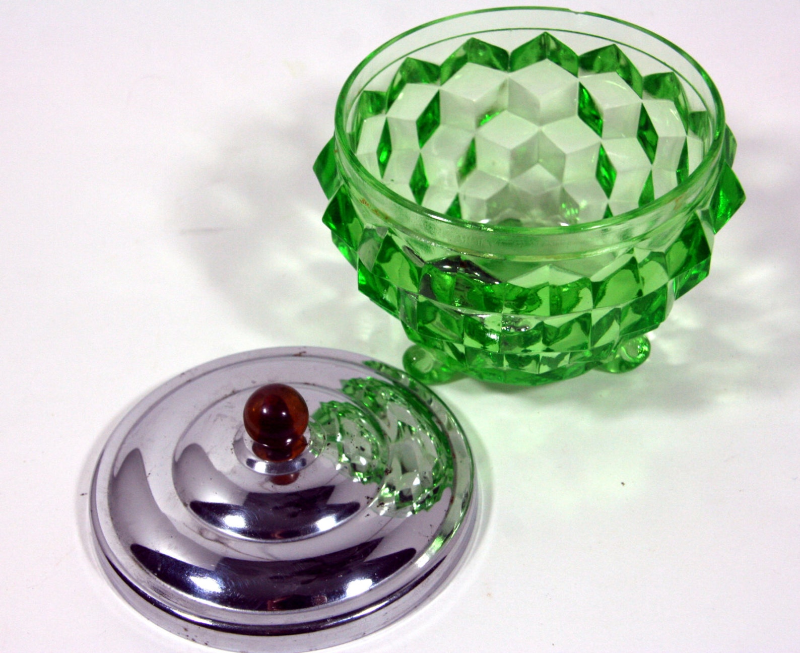 Green Glass Powder Jar With Metal Lidbakelite Etsy