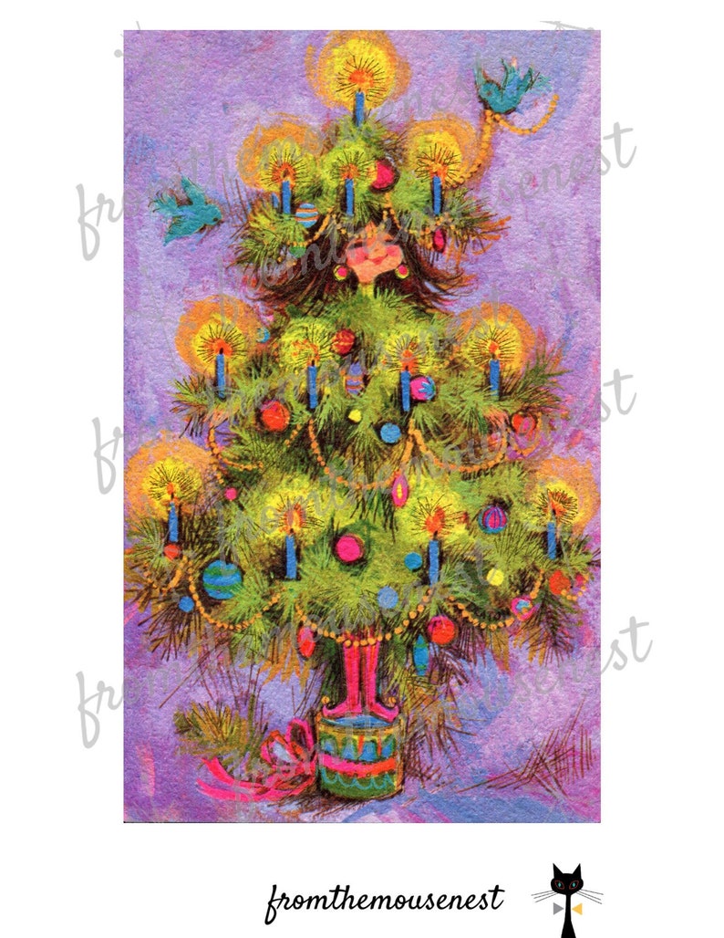 1960s kitschy girl Christmas tree-purple and pink-Downloadable-Printable Digital Art Image Instant Download image 1