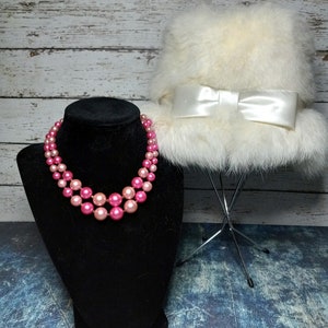 Pink double strand necklace-made in Japan-mid century glam-faux pearls
