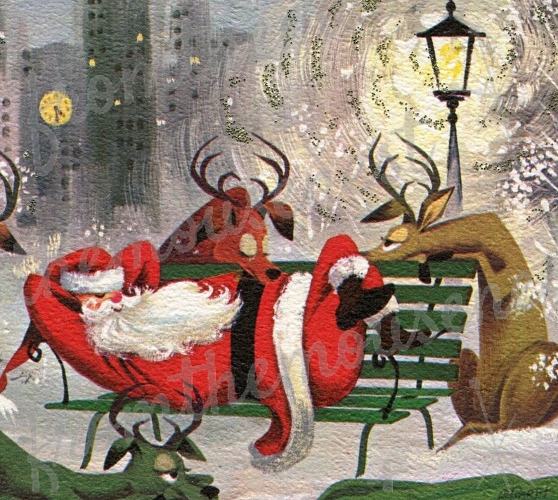 Santa on a park bench-mcm reindeer-Christmas | Etsy
