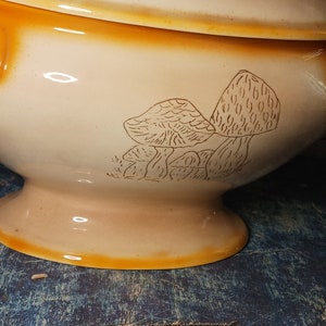 May include: A beige ceramic serving bowl with a brown mushroom design. The bowl has a lid and a wide base.