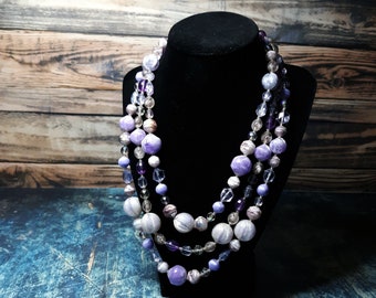 Vintage W German multi strand chunky bead necklace-shades of purple-box clasp-costume jewelry