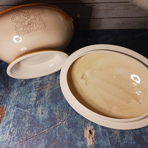 May include: A white ceramic serving bowl with a brown rim and a mushroom design. The bowl has a lid and a base.
