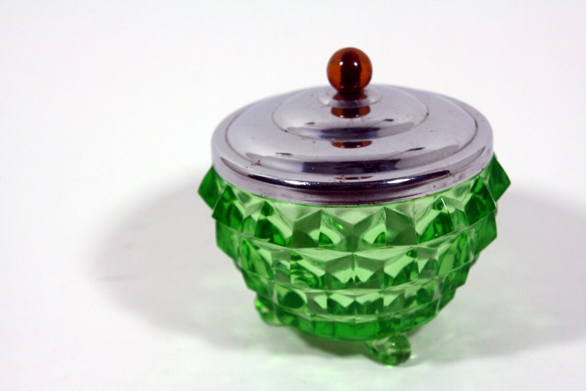 Green Glass Powder Jar With Metal Lidbakelite Etsy