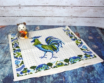 Brilliant blue rooster tea towel- mid century kitchen-linen decorative towel