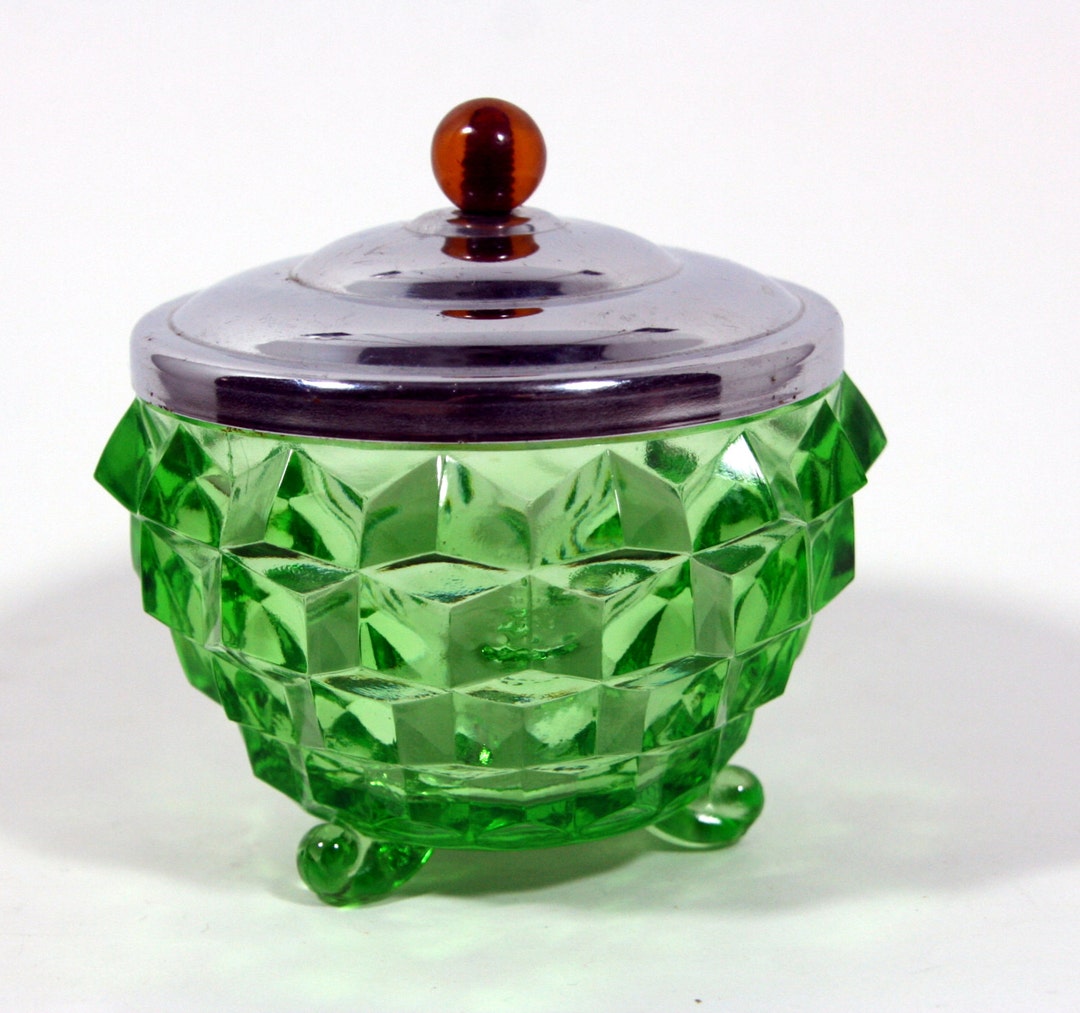 Green Glass Powder Jar With Metal Lidbakelite Knobcubist