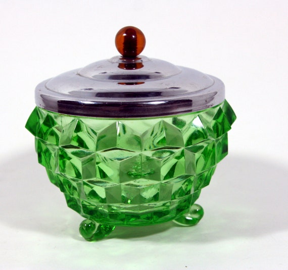 Green Glass Powder Jar With Metal Lidbakelite Etsy