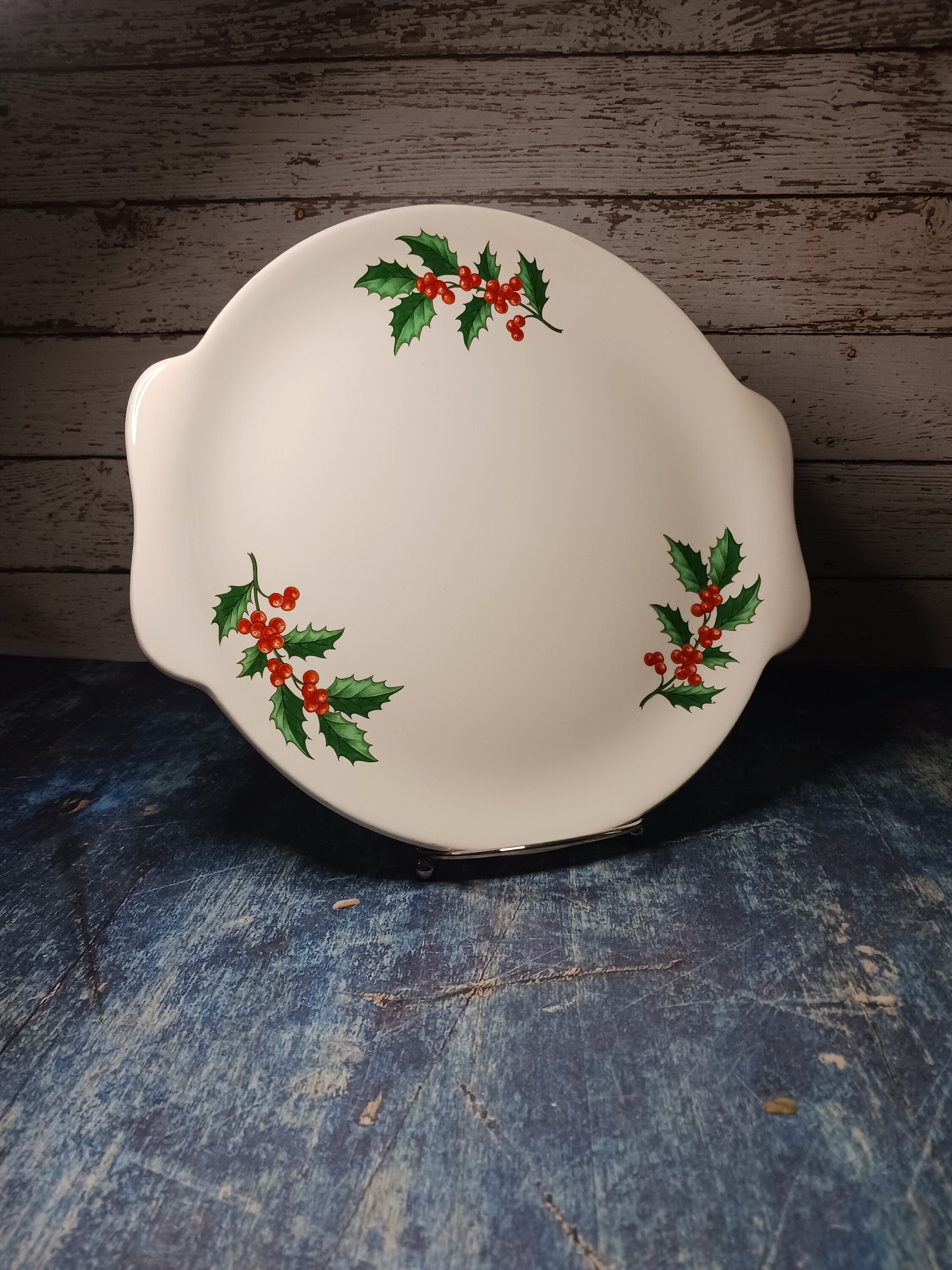 Harmony House vintage Christmas cake plate-double handled-Salem China Co U 51-holly and berry design