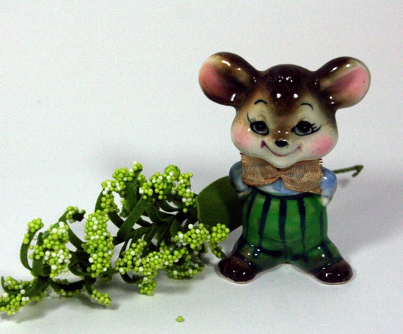 Jaunty gentleman mouse with pinstripe trousers and bow tie-small vintage smiling mouse figurine Il_570xn
