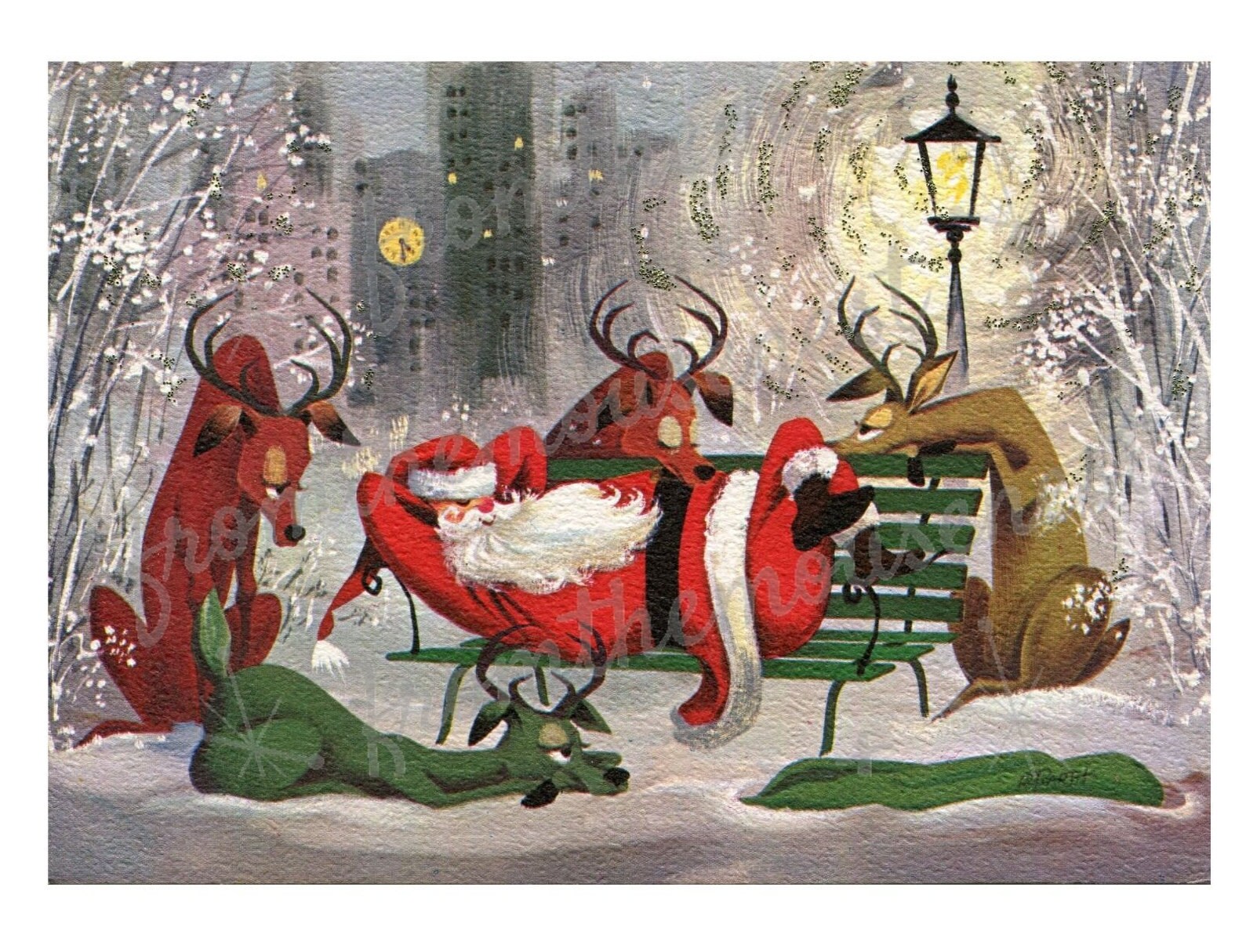 送料無料 いくらから Santa on a Park Bench-mcm Reindeer-christmas Image その他