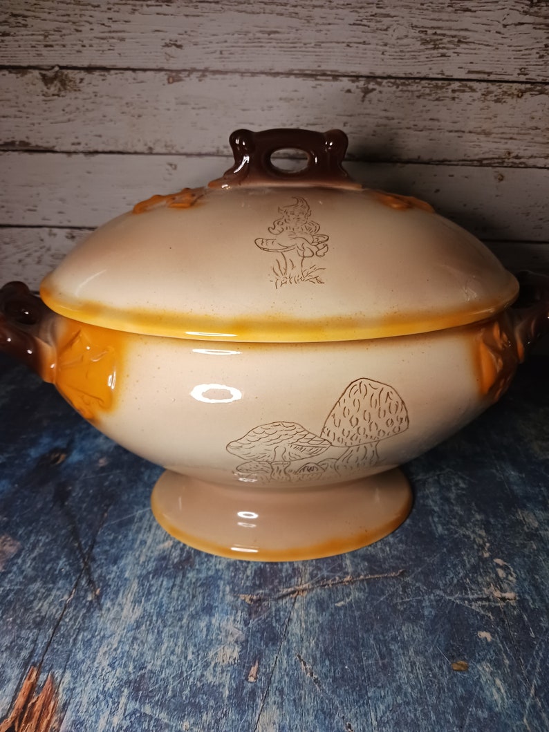 May include: A ceramic serving bowl with a lid, featuring a mushroom design in brown and white. The bowl has a brown rim and a brown handle on the lid.