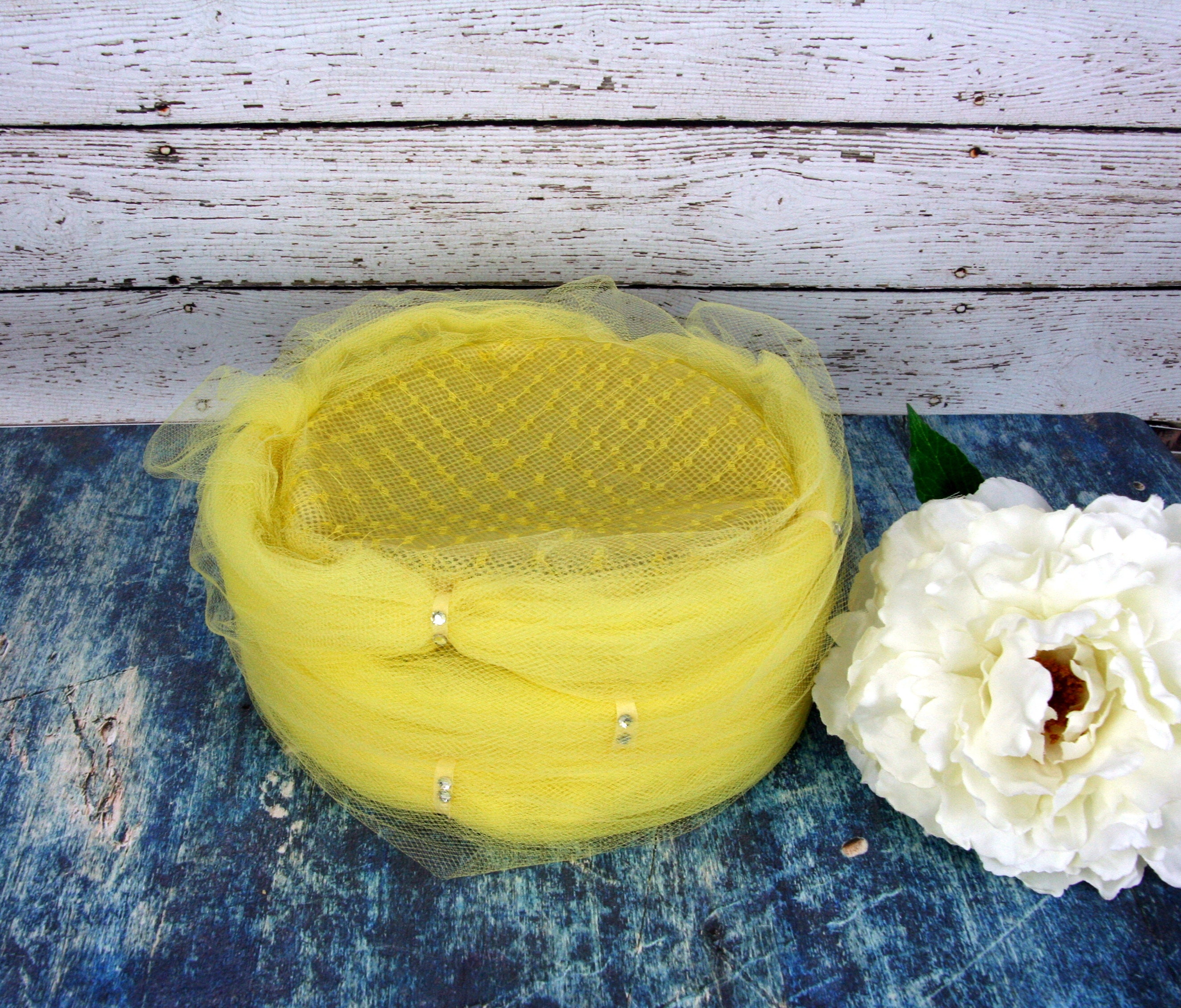 Vintage 1950s Lemon Yellow Pillbox Hat with Roses & Tulle Netting Union Made USA Similar Items to Circa 1940s-50s lady main image 2