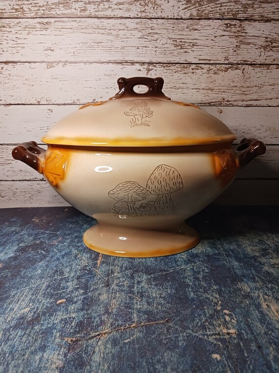 HUGE Vintage soup tureen with mushroom motif-cream and mustard colored ceramic serving set-bowl matching lid-double handled
