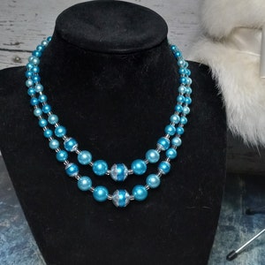 Blue double strand bead necklace-made in Japan-mid century glam-faux pearls-silver tone clasp