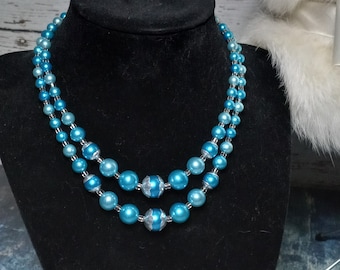Blue double strand bead necklace-made in Japan-mid century glam-faux pearls-silver tone clasp