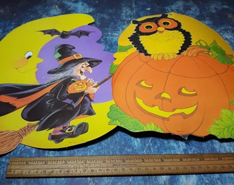 Pair of vintage Halloween diecuts-witch-pumpkin-black cat-jack o lantern-mid century nostalgia