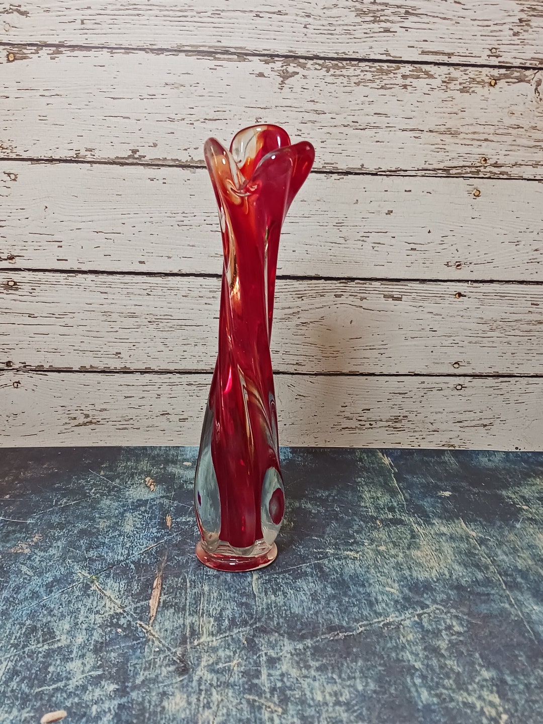Red Swung Glass Bud Vaseclear Stripingvintage Stretch Glass Etsy