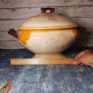 May include: A large, cream-coloured ceramic serving bowl with a lid. The bowl is decorated with a brown mushroom design. The bowl is sitting on a blue wooden surface.