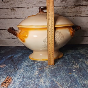 May include: A large, cream-coloured ceramic serving bowl with a lid. The bowl has a brown and yellow design with mushrooms. The bowl is 23 cm tall.